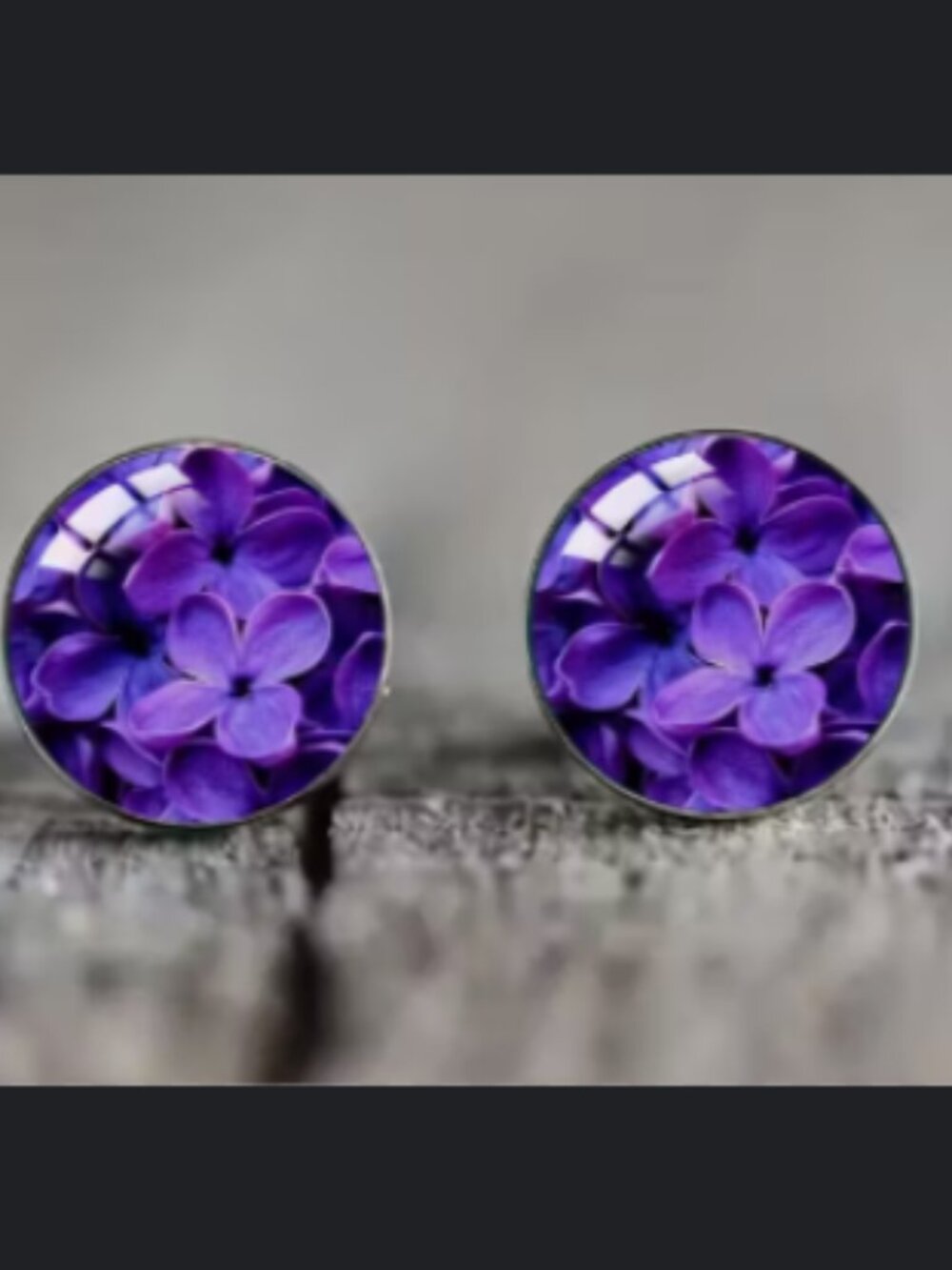Purple/Cobalt Flower Earrings with Silver Surround. Tiny and Precious. 1" Diam.
